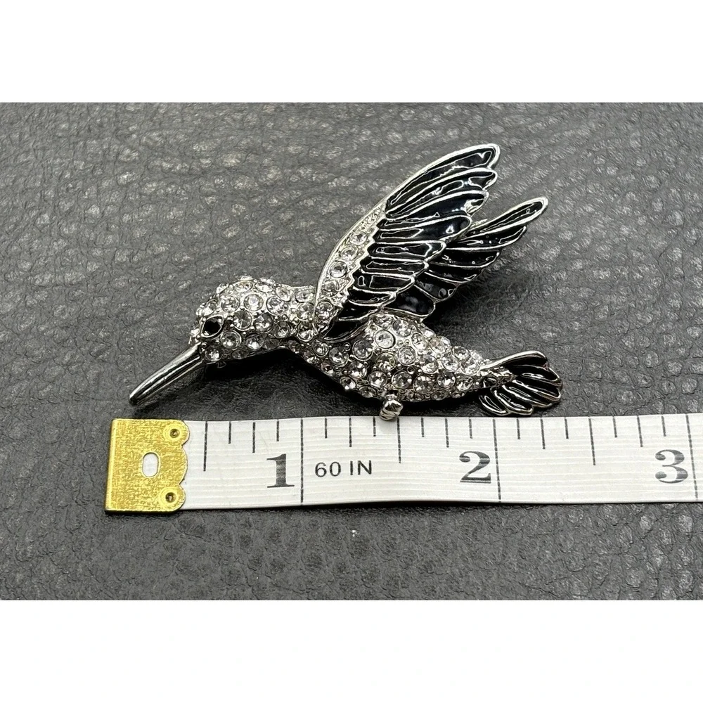 Robert Morris Silver Tone Hummingbird Brooch Crystal Rhinestone Black Enamel Pin